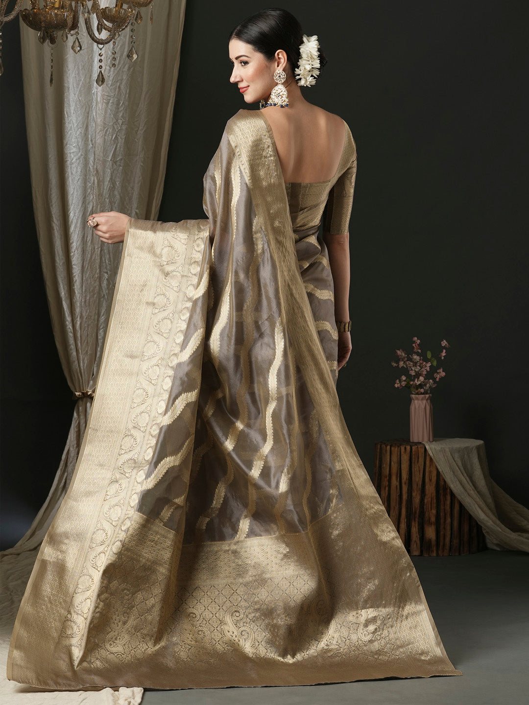 Organza Grey Woven Design Designer Saree With Blouse