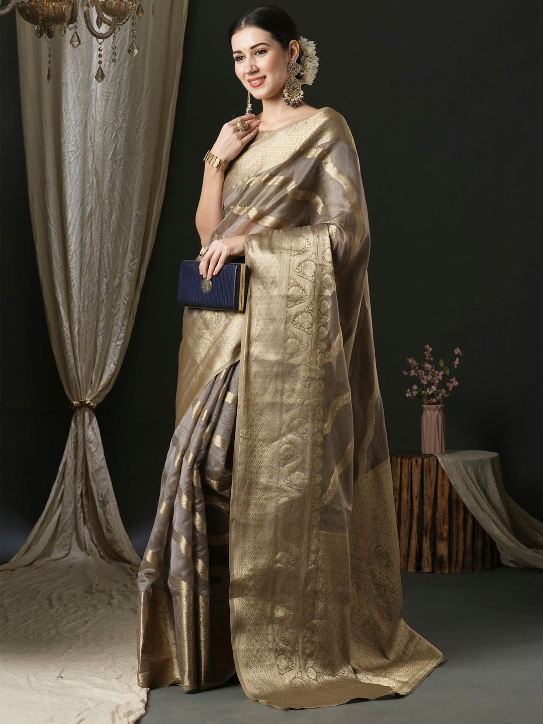 Organza Grey Woven Design Designer Saree With Blouse