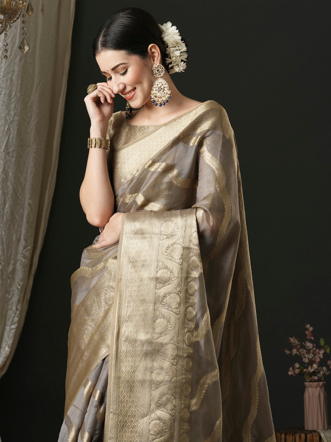 Organza Grey Woven Design Designer Saree With Blouse