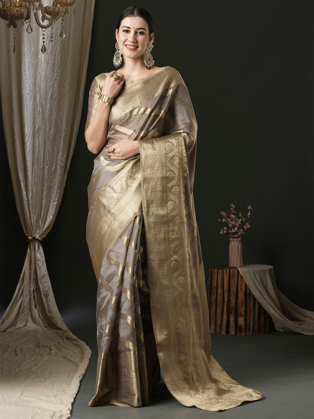 Organza Grey Woven Design Designer Saree With Blouse