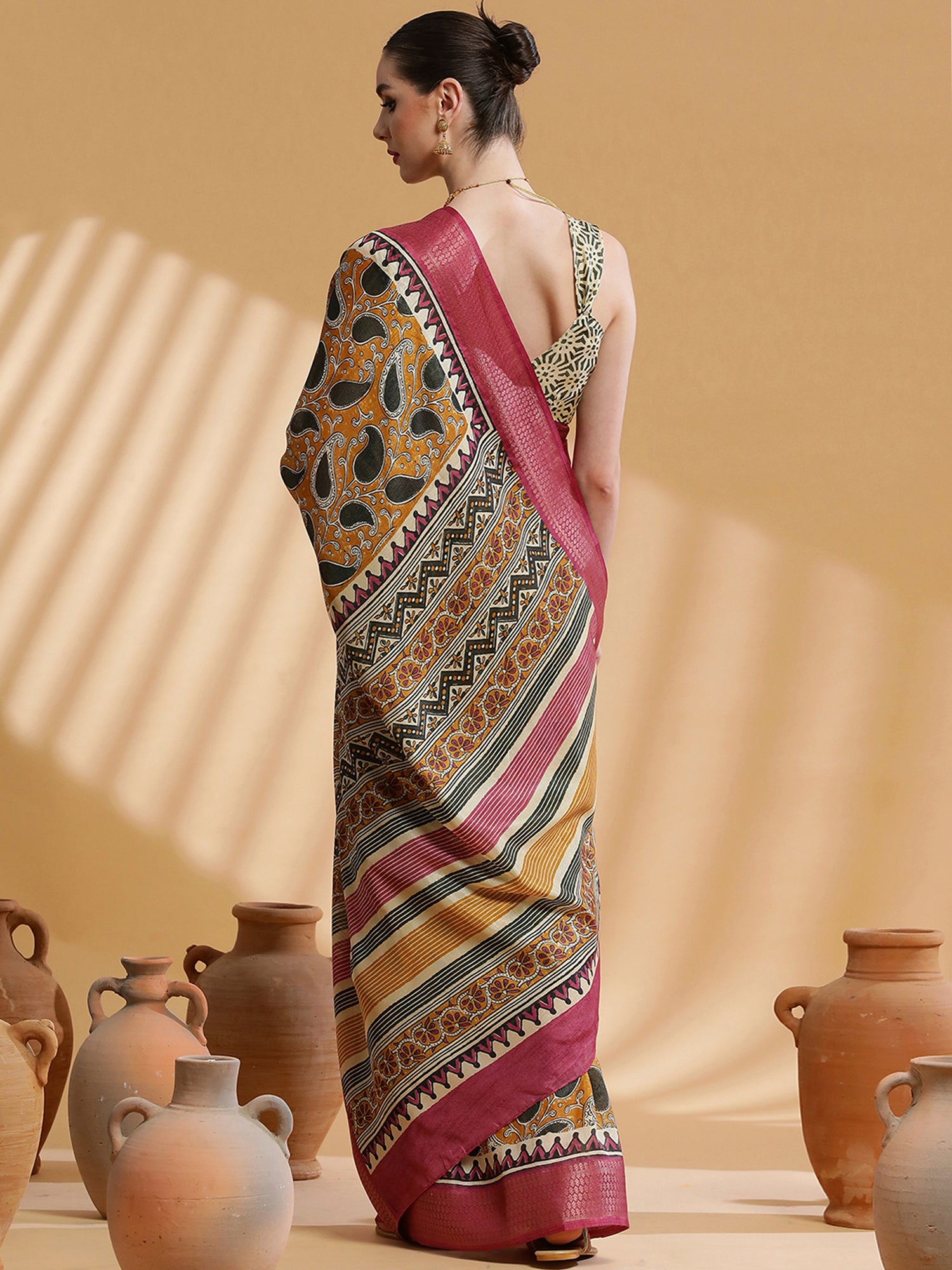 Cotton Blend Mustard Printed Designer Saree With Blouse