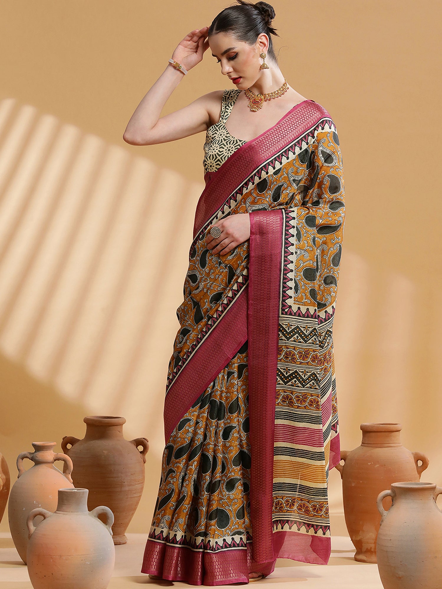 Cotton Blend Mustard Printed Designer Saree With Blouse
