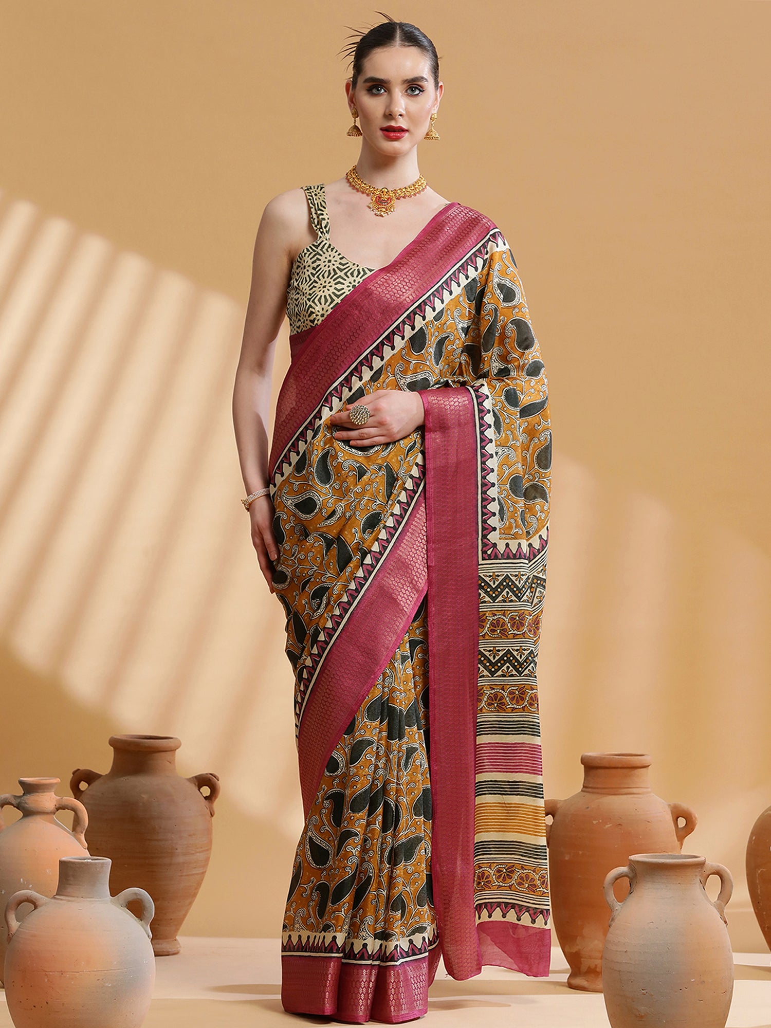 Cotton Blend Mustard Printed Designer Saree With Blouse