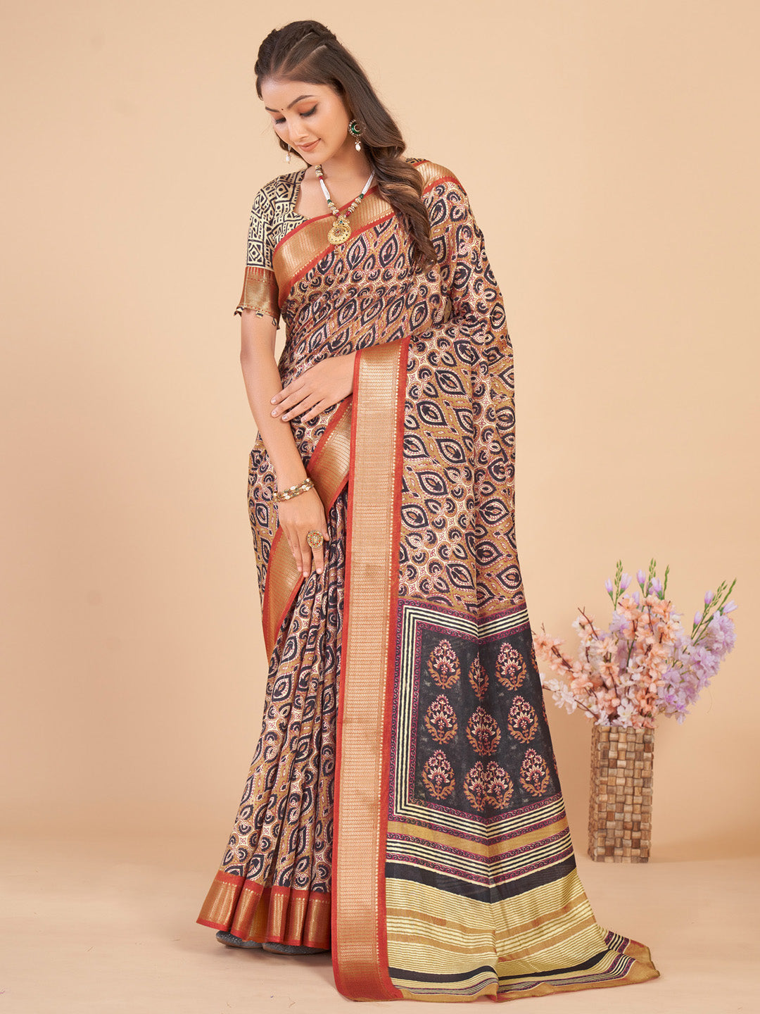 Dola Silk Beige Woven Design Designer Saree With Blouse