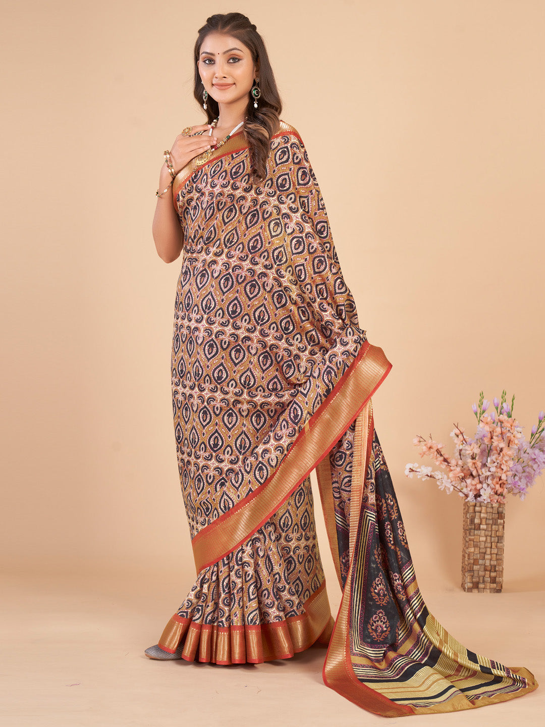 Dola Silk Beige Woven Design Designer Saree With Blouse