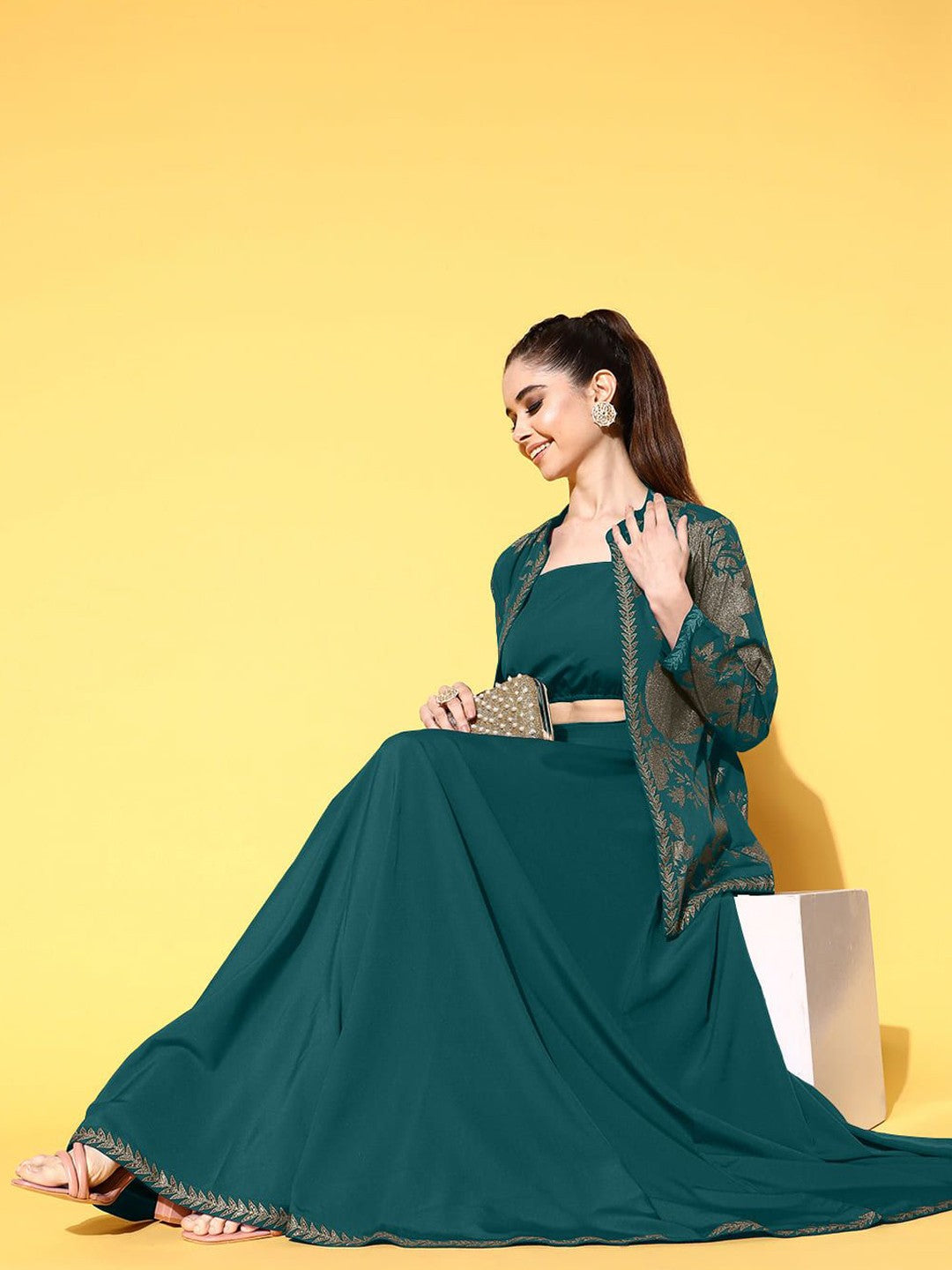 Printed Top & Jacket With Skirt-AH