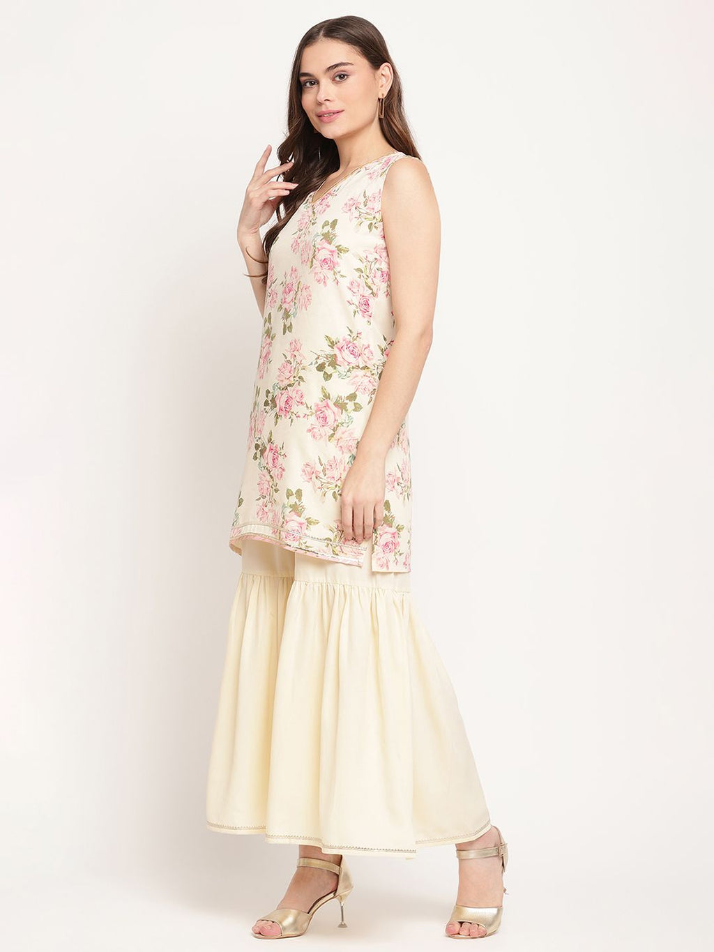 Women's Beige Digital Floral Print Sharara Set with Dupatta-AH