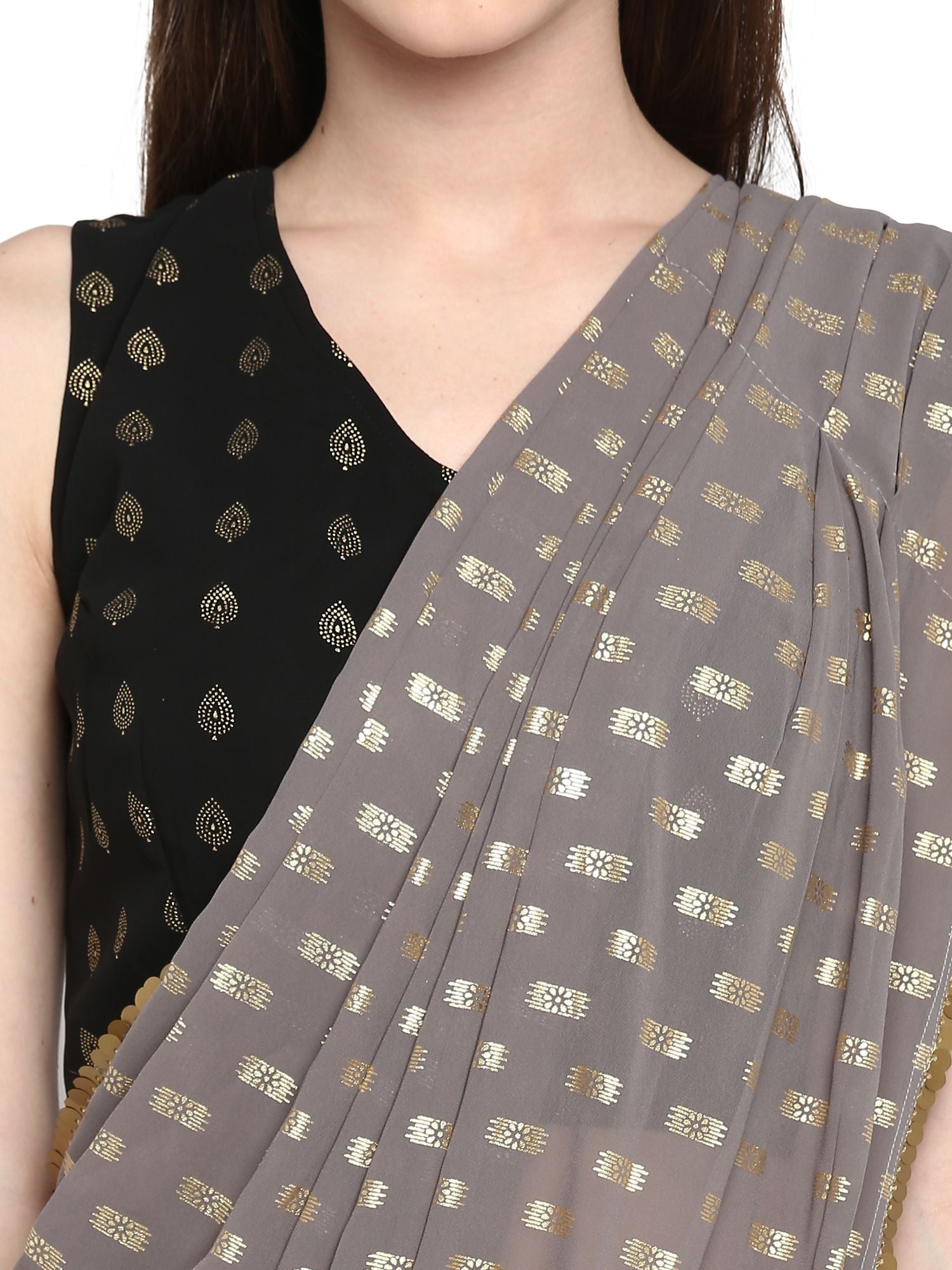 Black Georgette Foil Print Ready to Wear Saree