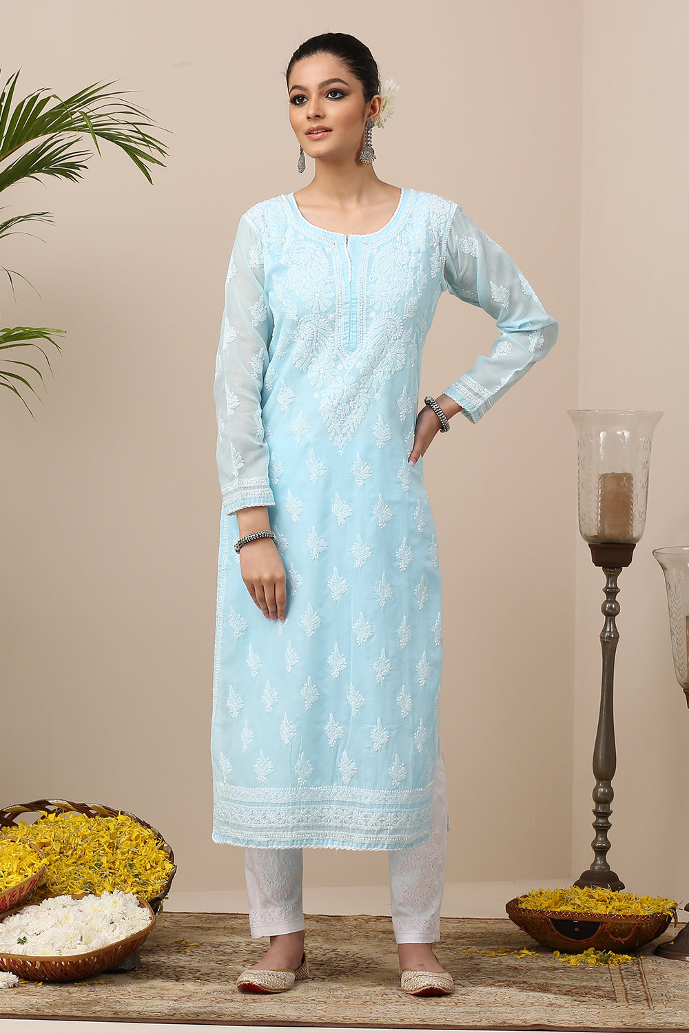 Blue Chikankari Mul Cotton Designer Kurta with Slip