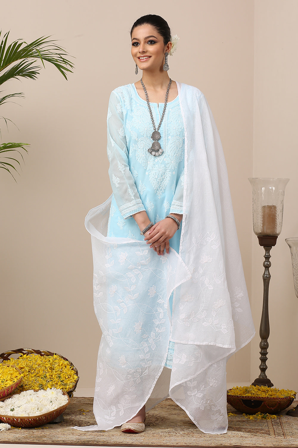 Blue Chikankari Mul Cotton Designer Kurta with Slip