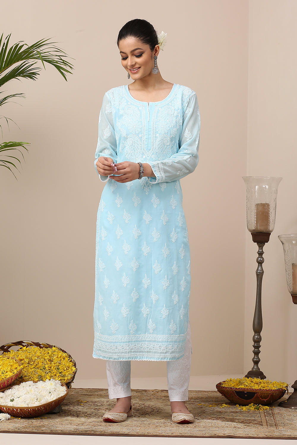 Blue Chikankari Mul Cotton Designer Kurta with Slip