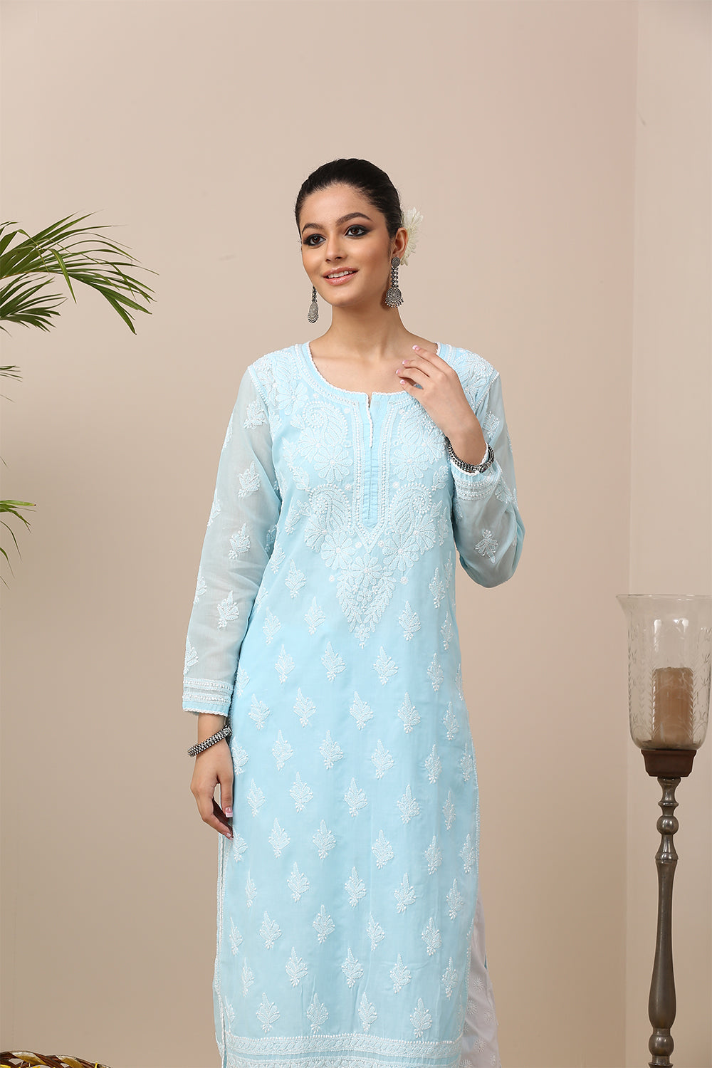 Blue Chikankari Mul Cotton Designer Kurta with Slip
