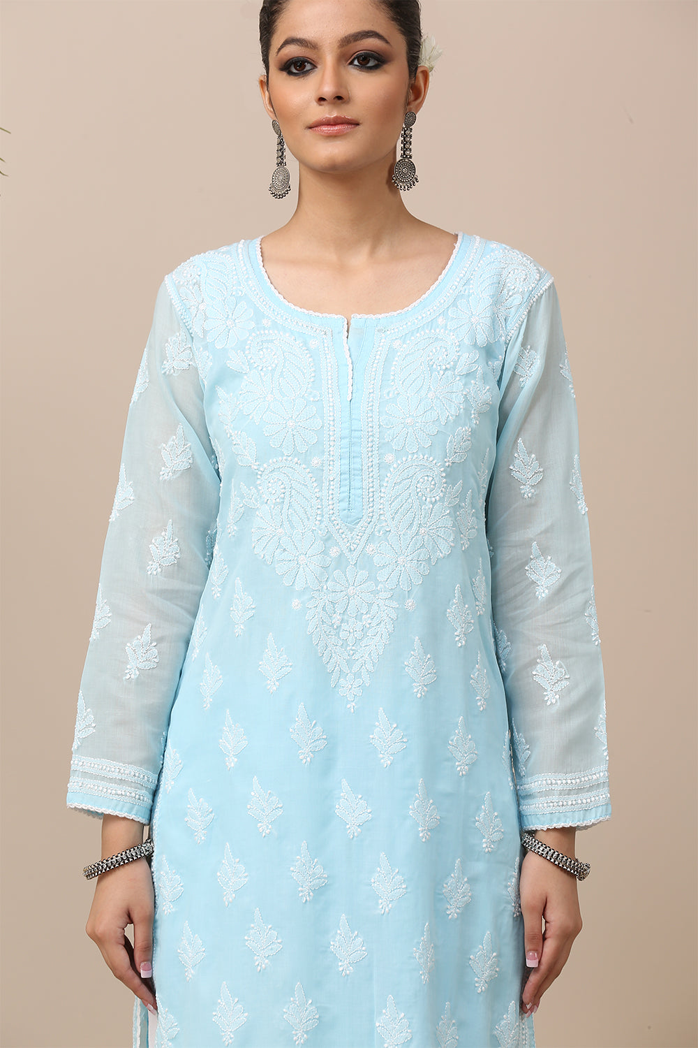 Blue Chikankari Mul Cotton Designer Kurta with Slip
