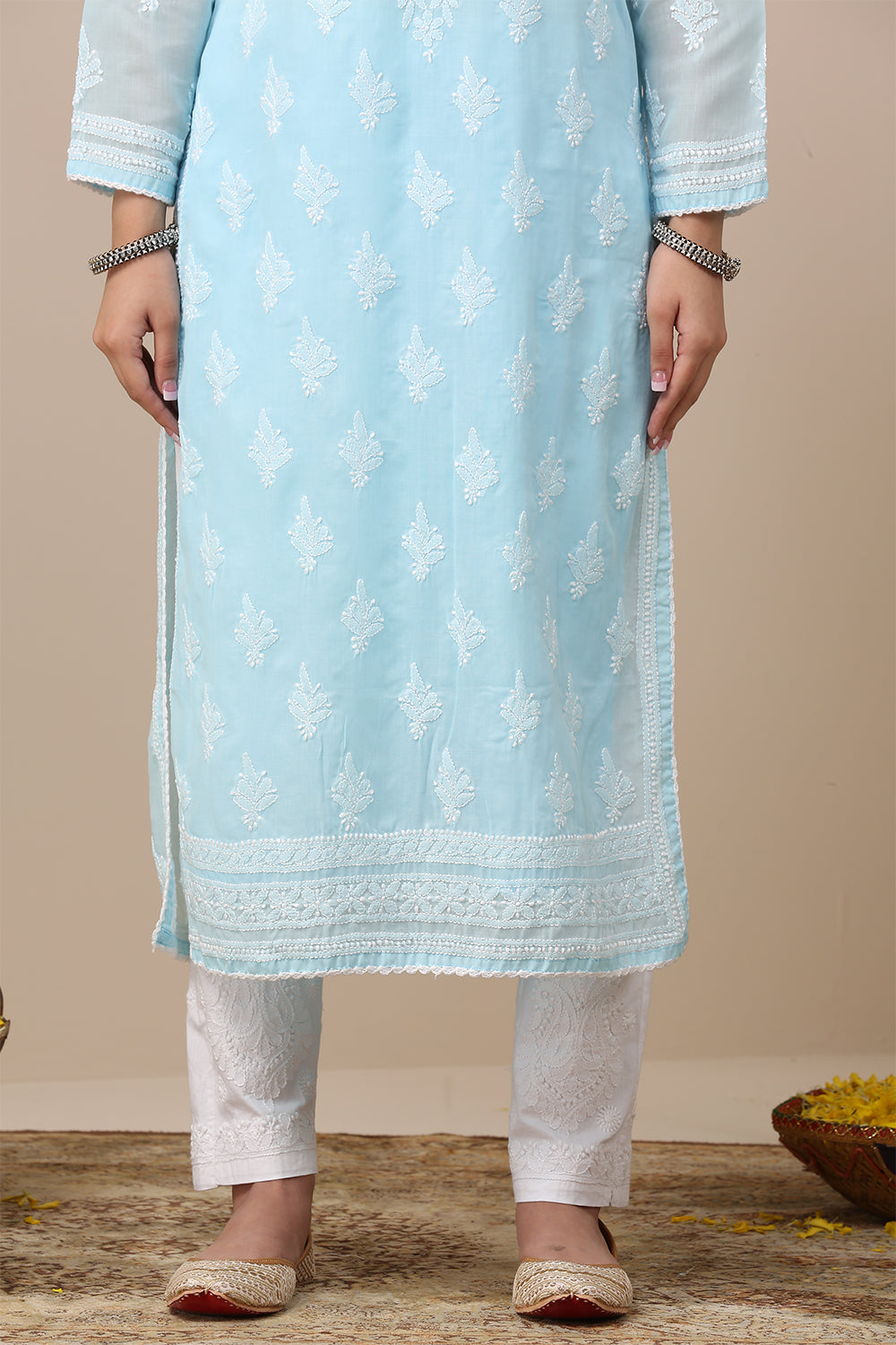 Blue Chikankari Mul Cotton Designer Kurta with Slip