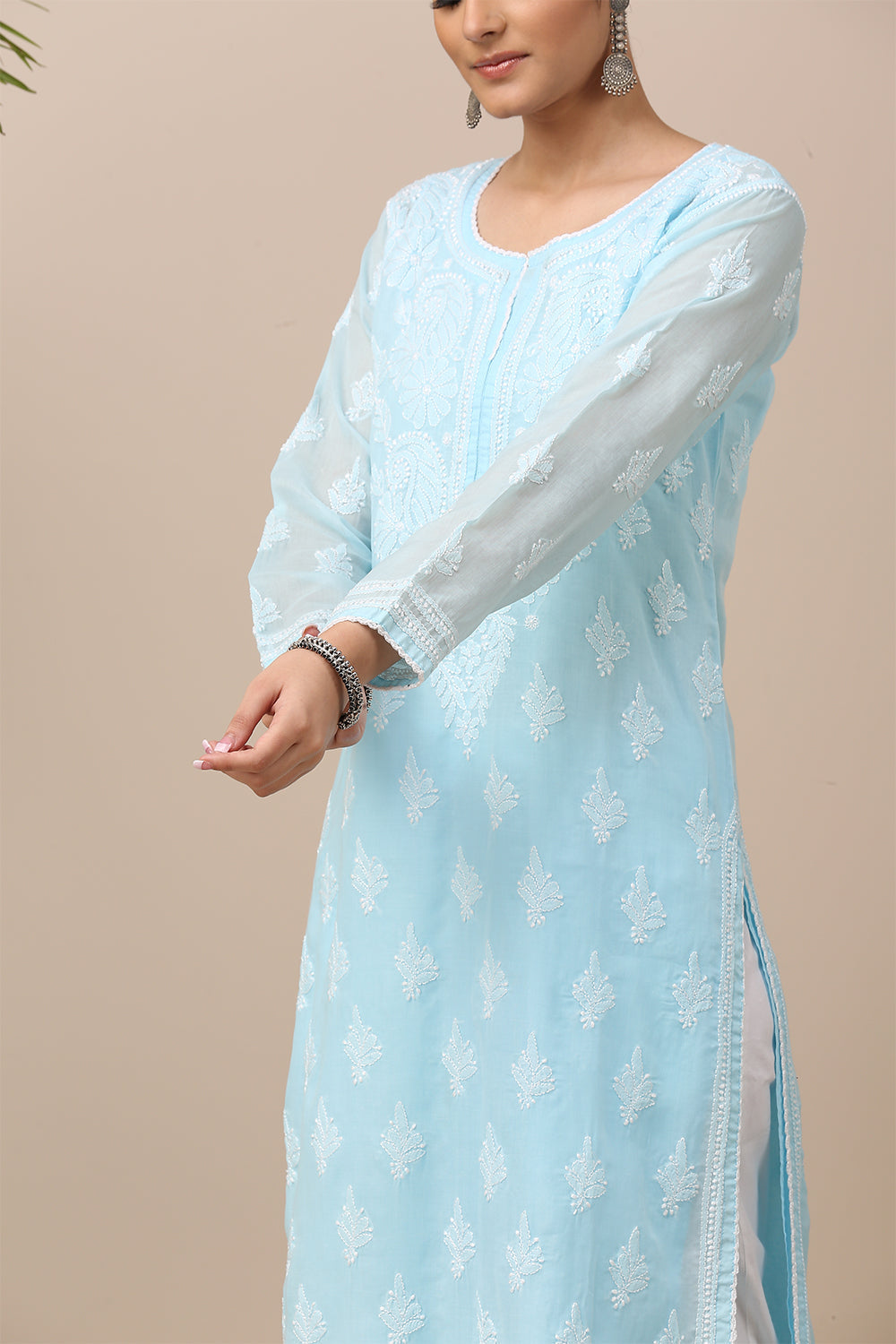 Blue Chikankari Mul Cotton Designer Kurta with Slip