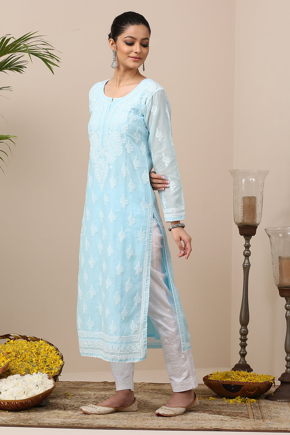 Blue Chikankari Mul Cotton Designer Kurta with Slip