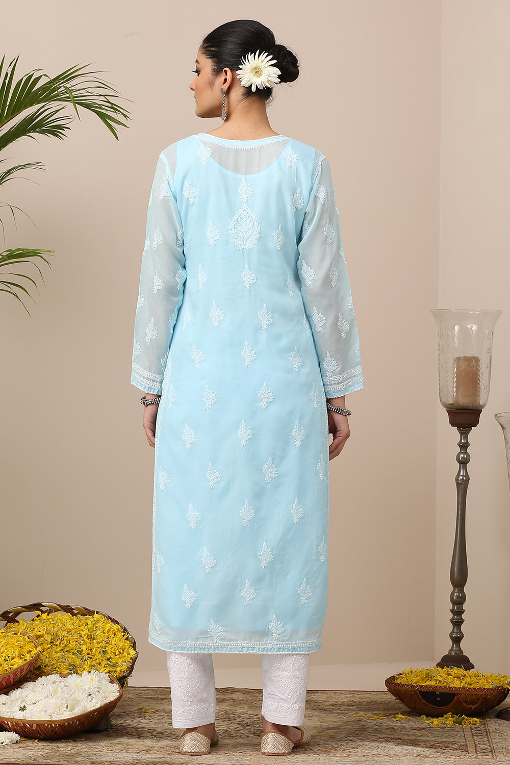 Blue Chikankari Mul Cotton Designer Kurta with Slip