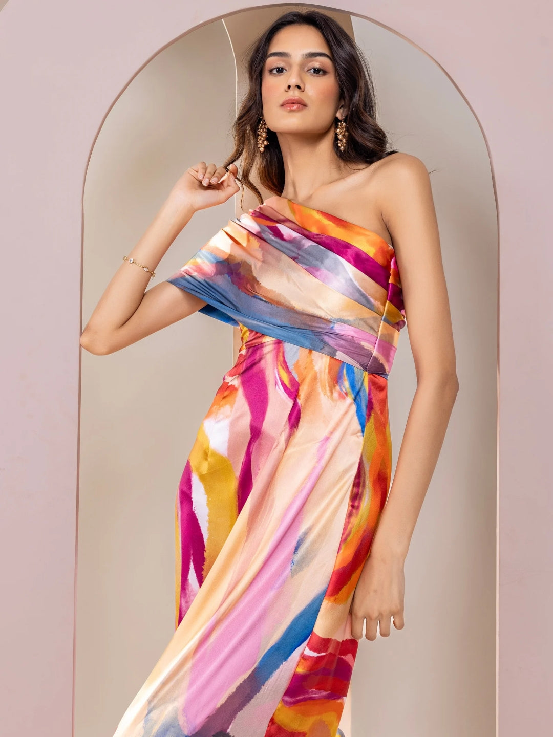 Fresco Printed One Shoulder Dress