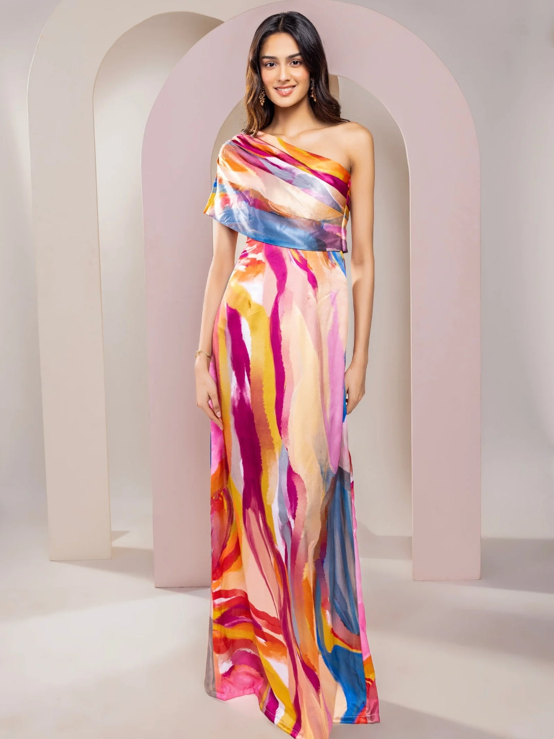 Fresco Printed One Shoulder Dress