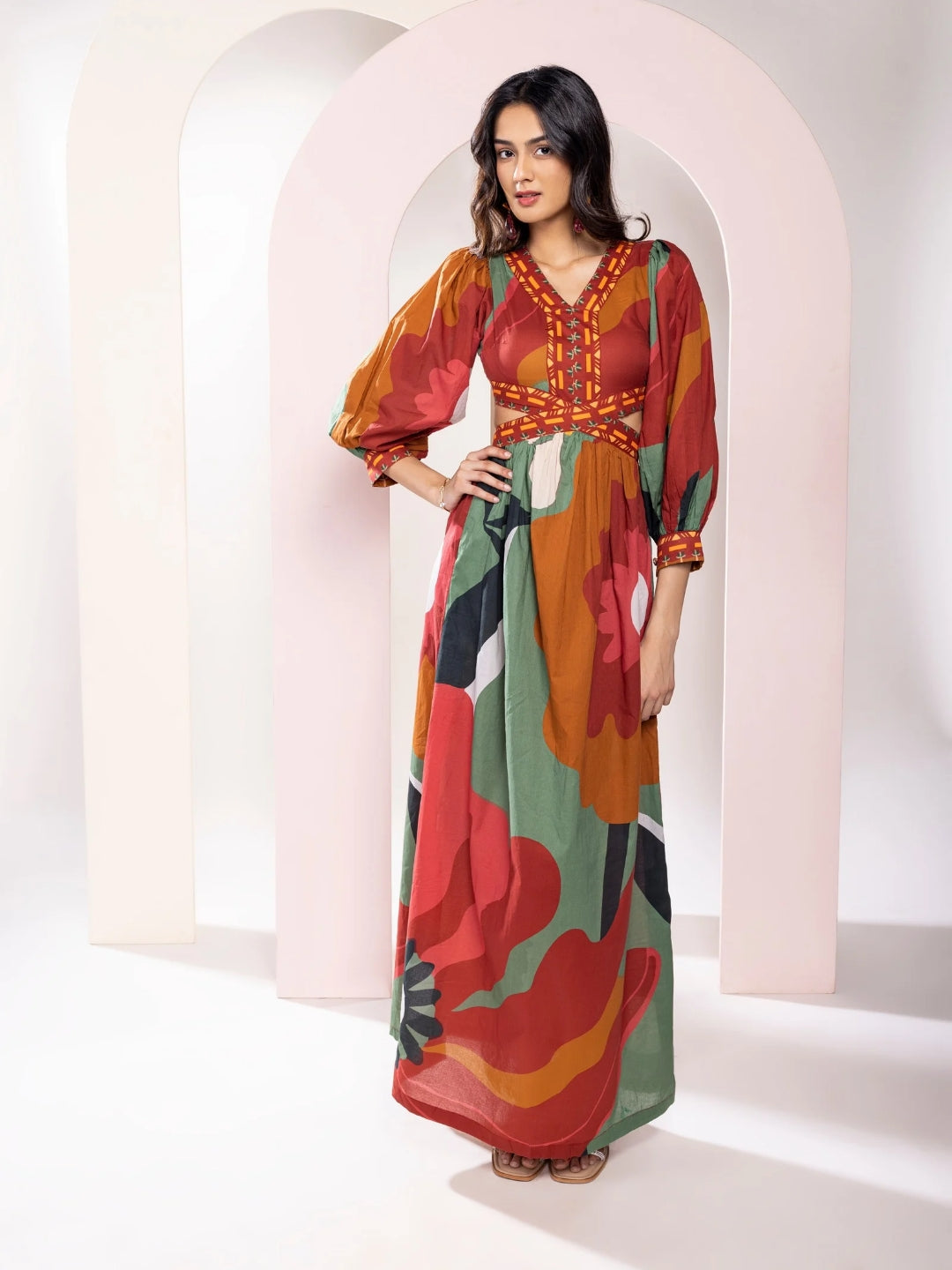 Autumn Printed Cut-out Maxi Dress