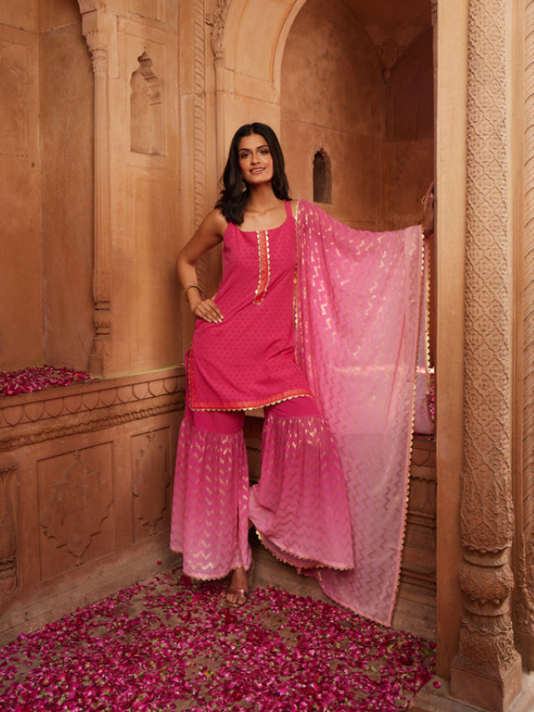 Women's Pink Ombre Printed Gotta Patti Sharara Set With Dupatta-AH