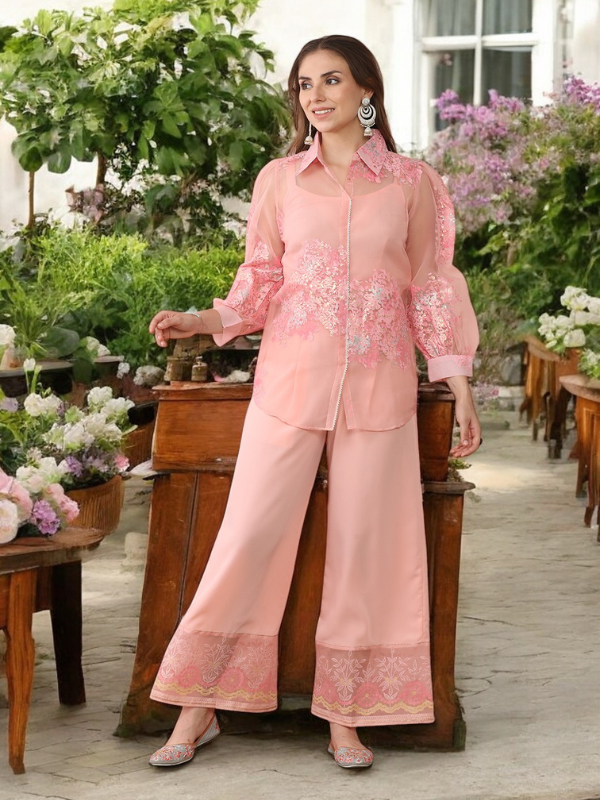 Pink Shoulder Straps Top & Palazzo With Jacket-AH