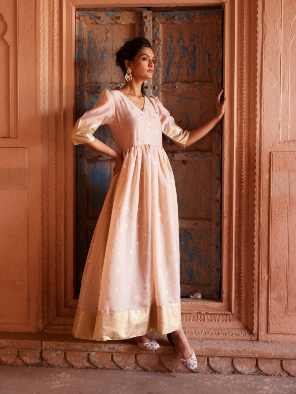 Beige Chanderi Gold Foil Print Dress-AH