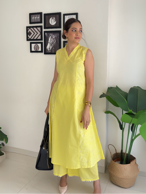 Yellow Printed Pure Cotton Kurta Palazzo Set-AH