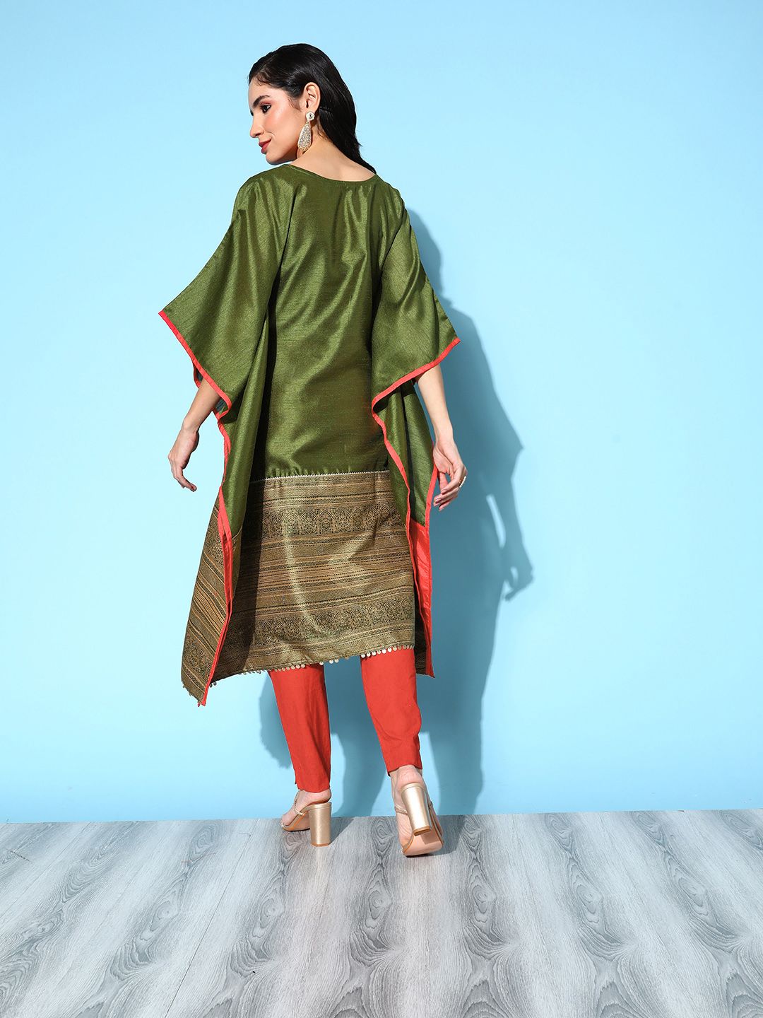 Olive Green Poly Silk Printed Kaftan Kurta