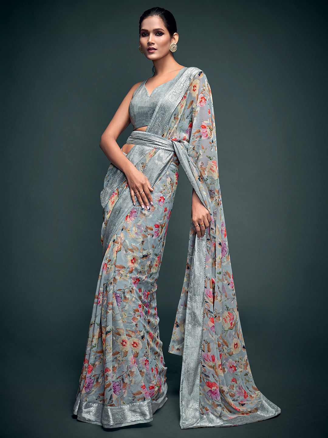 Georgette Grey Printed Celebrity Saree With Blouse