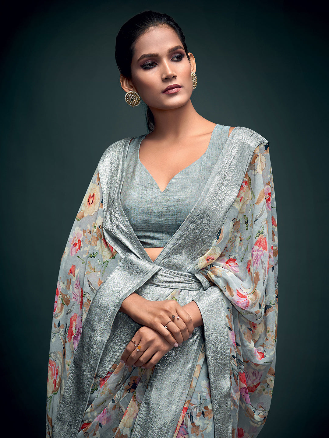 Georgette Grey Printed Celebrity Saree With Blouse