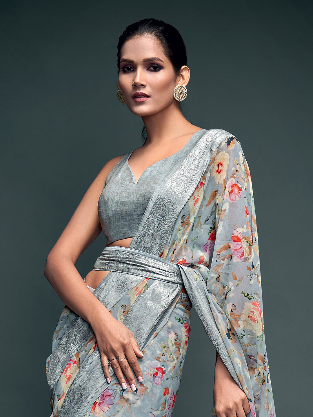 Georgette Grey Printed Celebrity Saree With Blouse