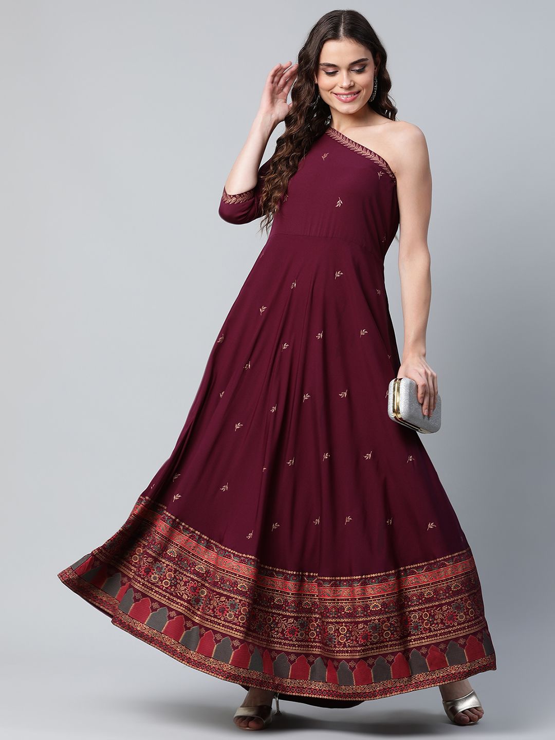 Burgundy & Gold-Toned Printed One Shoulder Ethnic Maxi Dress