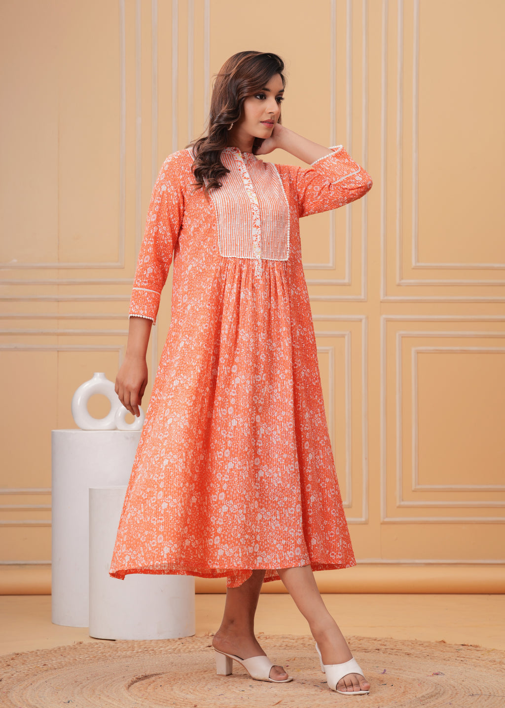 Peach Floral Cotton Dress -SET OF-1