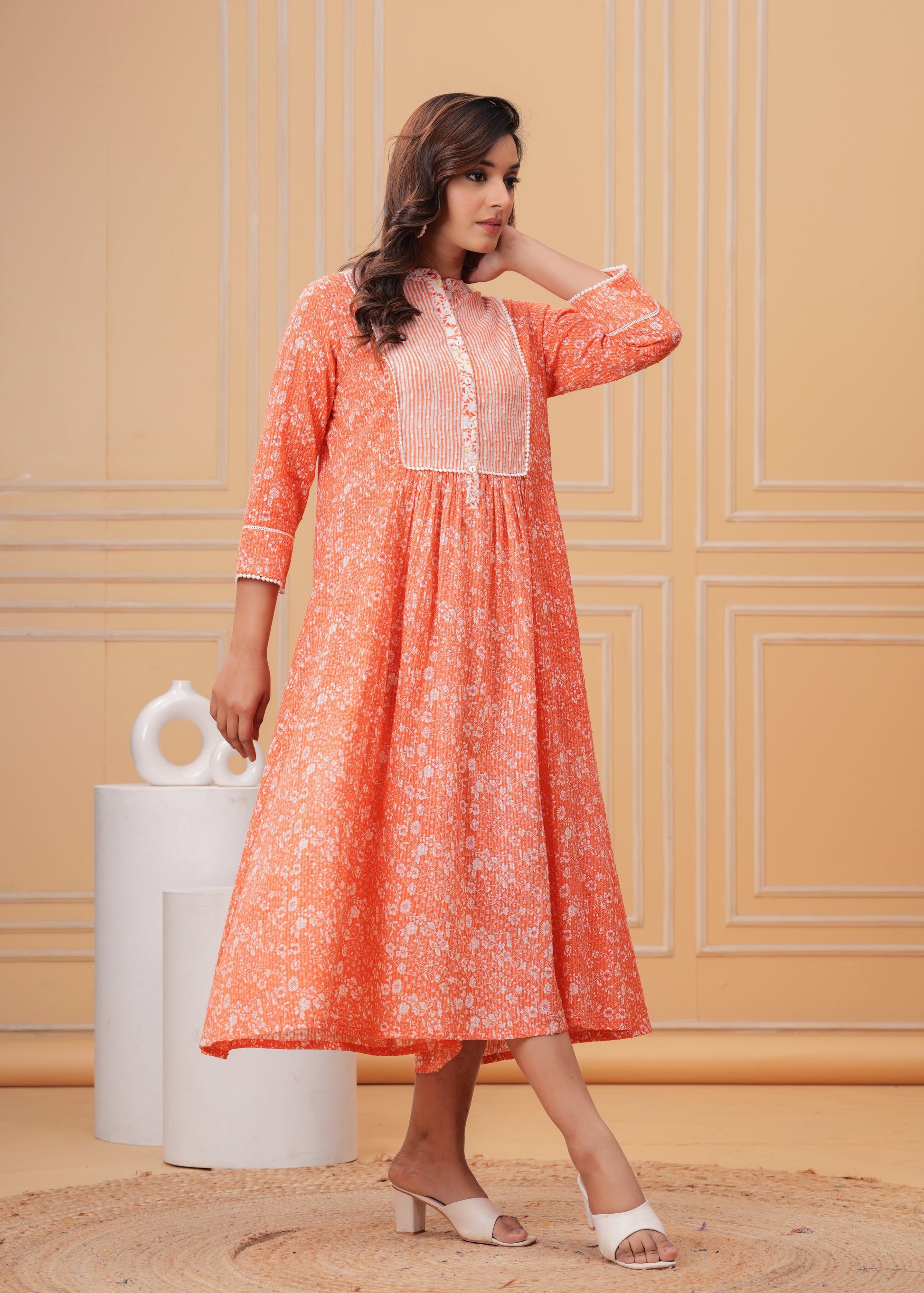 Peach Floral Cotton Dress -SET OF-1