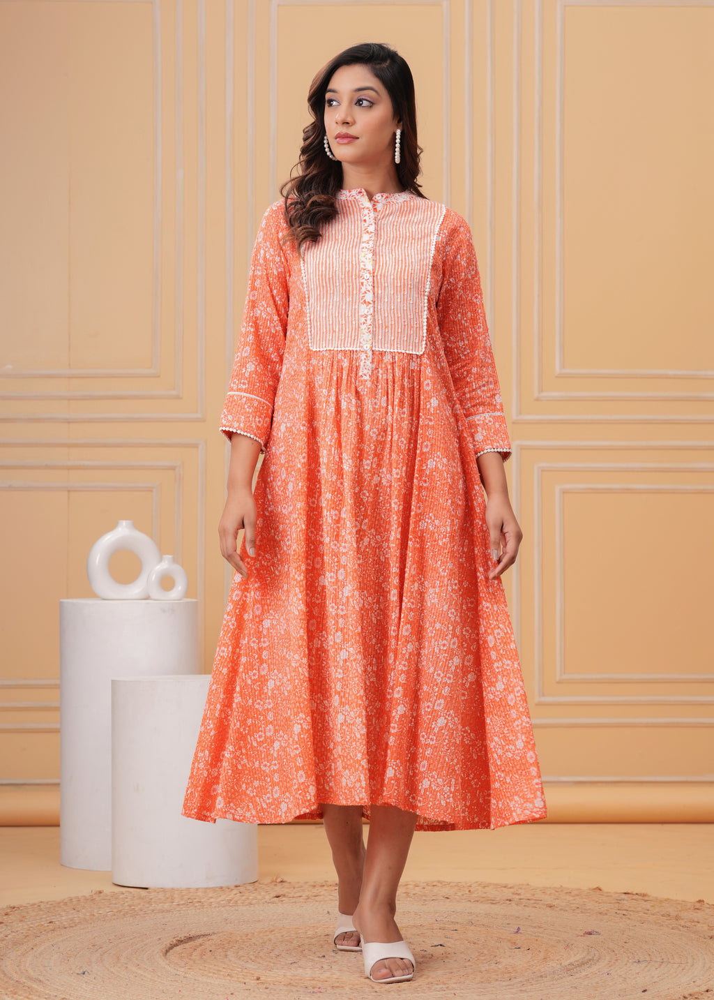 Peach Floral Cotton Dress -SET OF-1