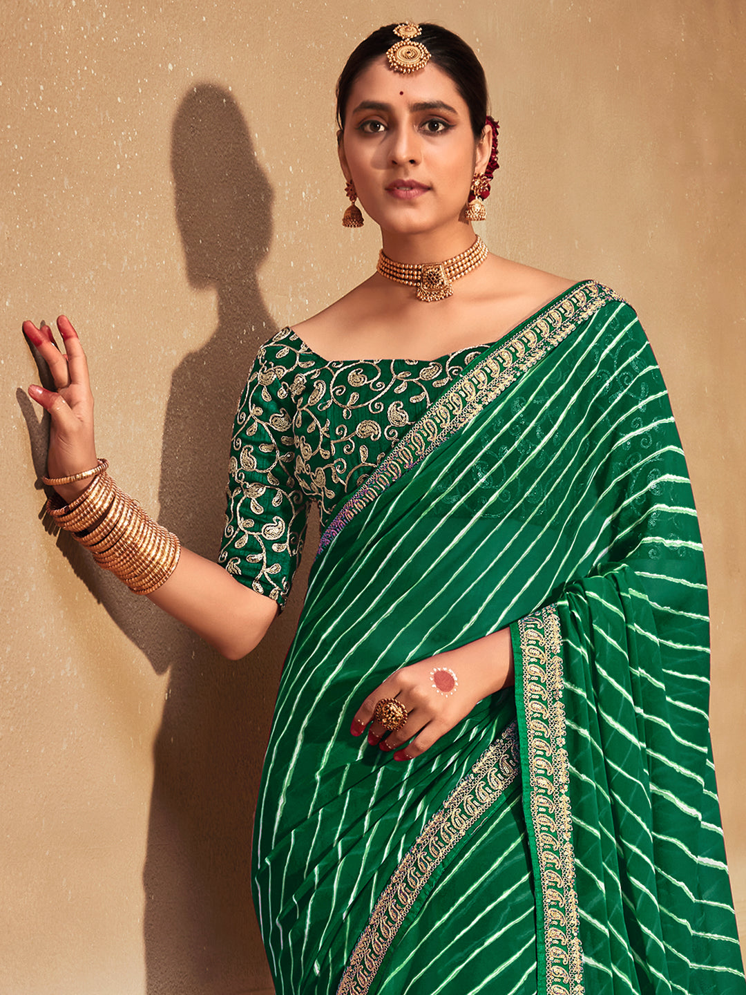 Georgette Green Zari Embroidered Designer Saree With Blouse