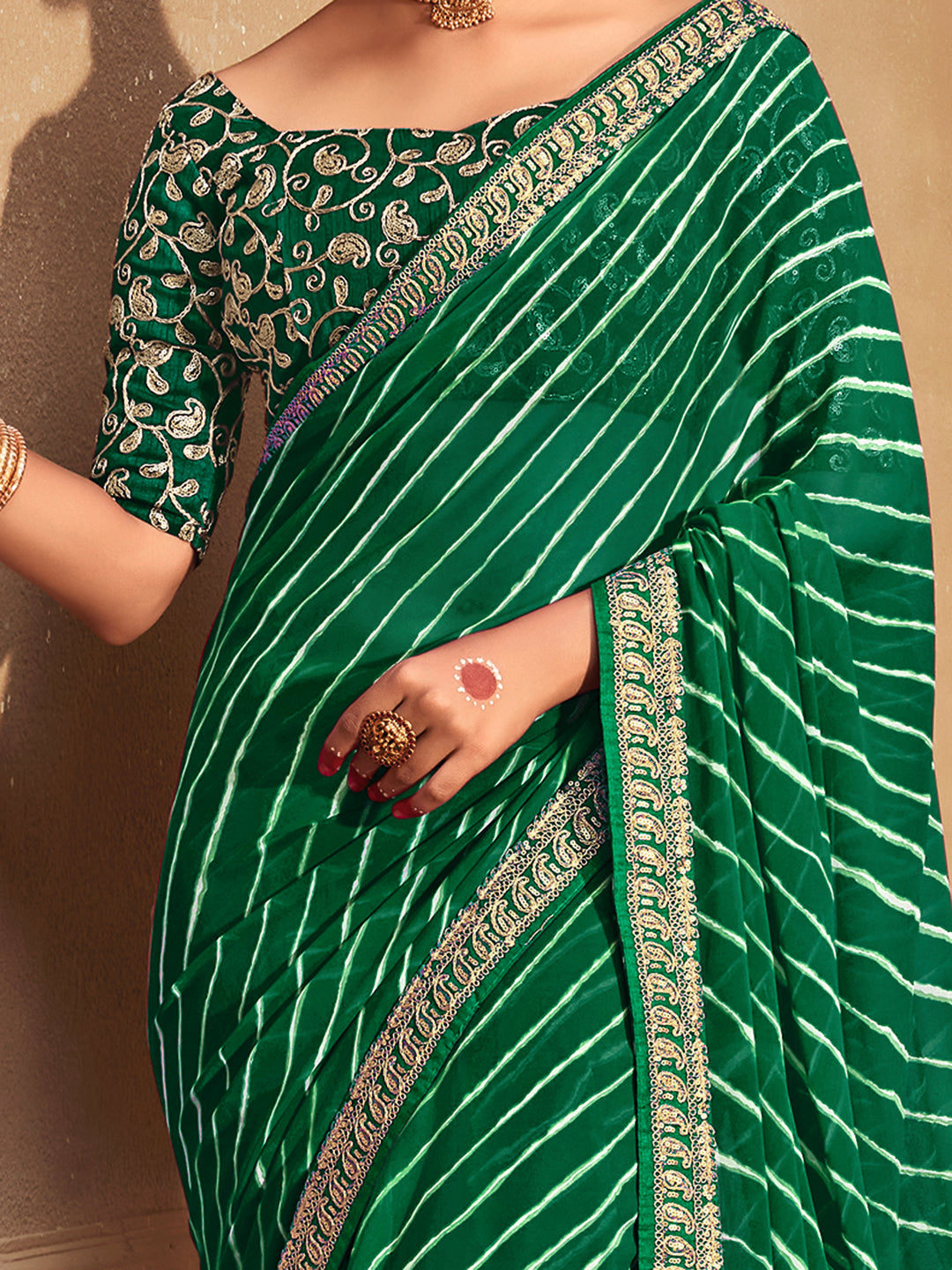 Georgette Green Zari Embroidered Designer Saree With Blouse