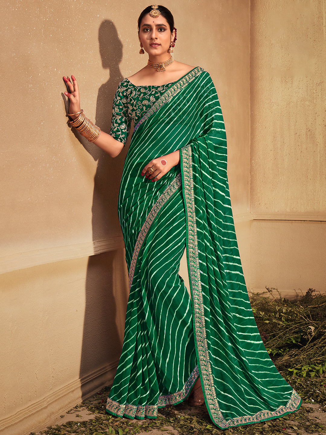 Georgette Green Zari Embroidered Designer Saree With Blouse