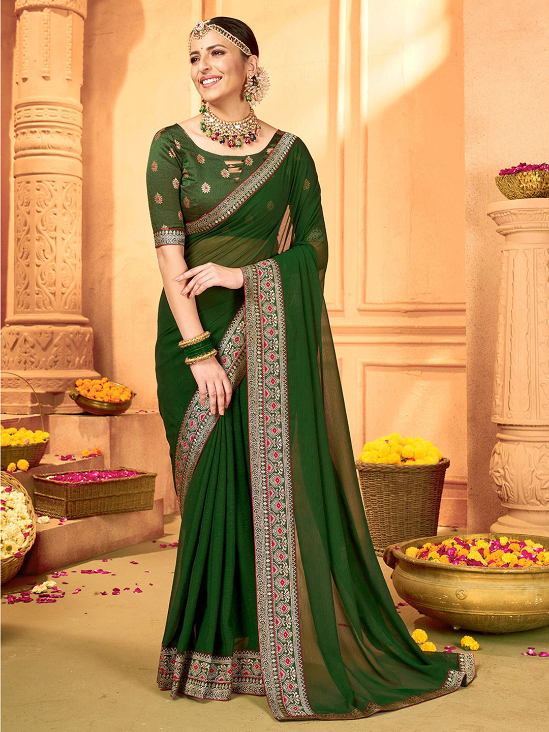 Georgette Green Embellished Designer Saree With Blouse