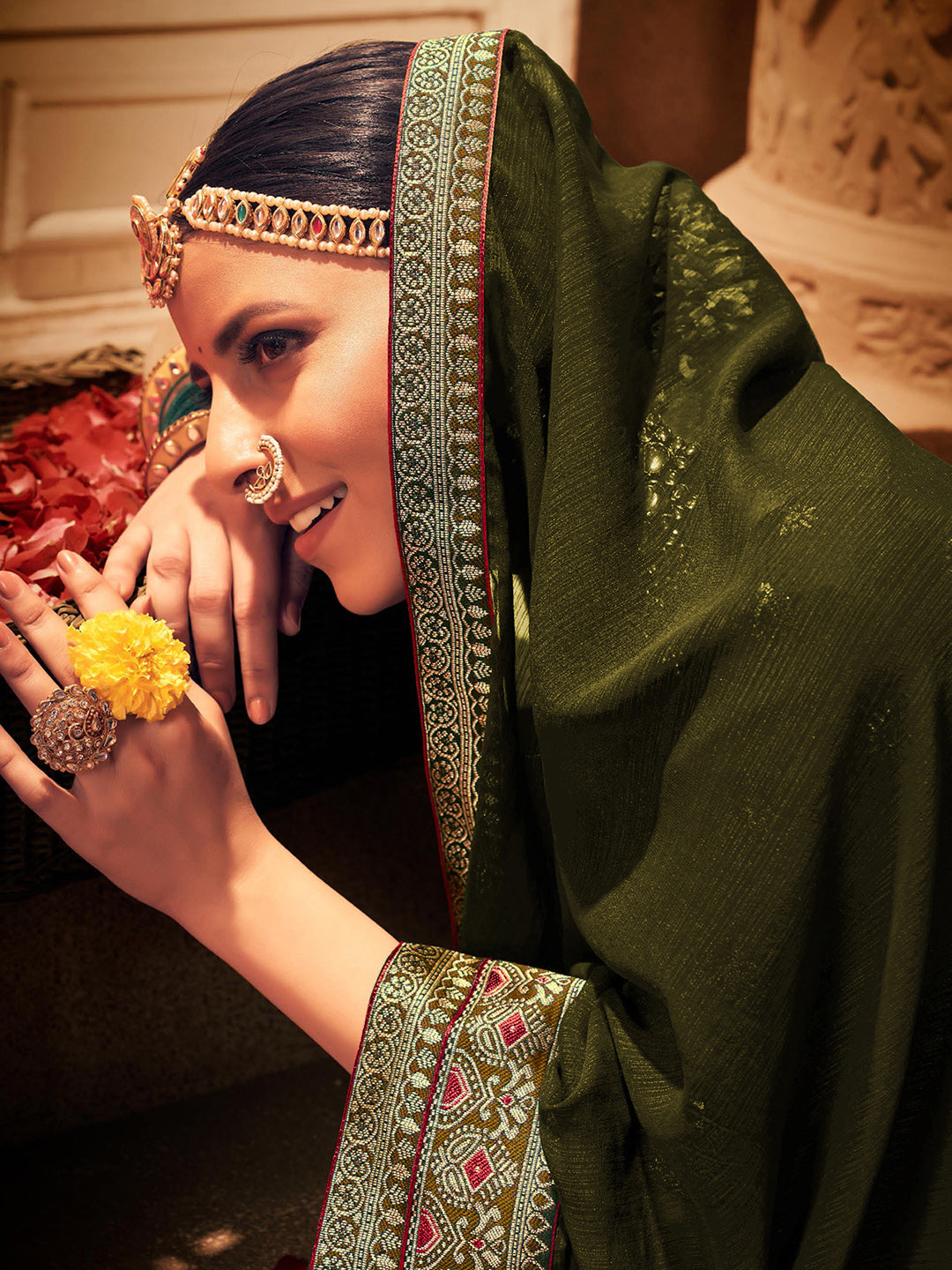 Georgette Olive Embellished Designer Saree With Blouse
