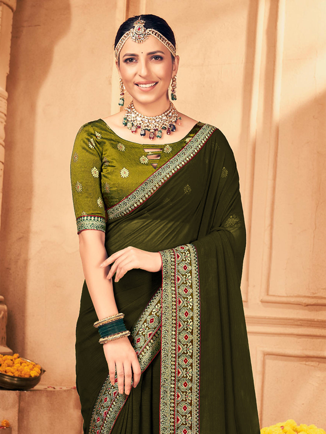 Georgette Olive Embellished Designer Saree With Blouse