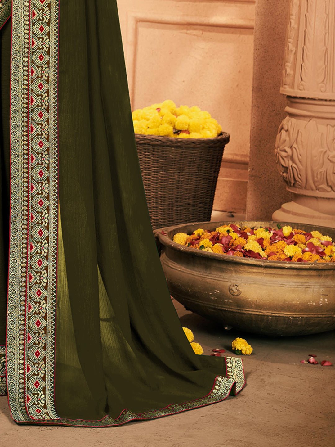 Georgette Olive Embellished Designer Saree With Blouse