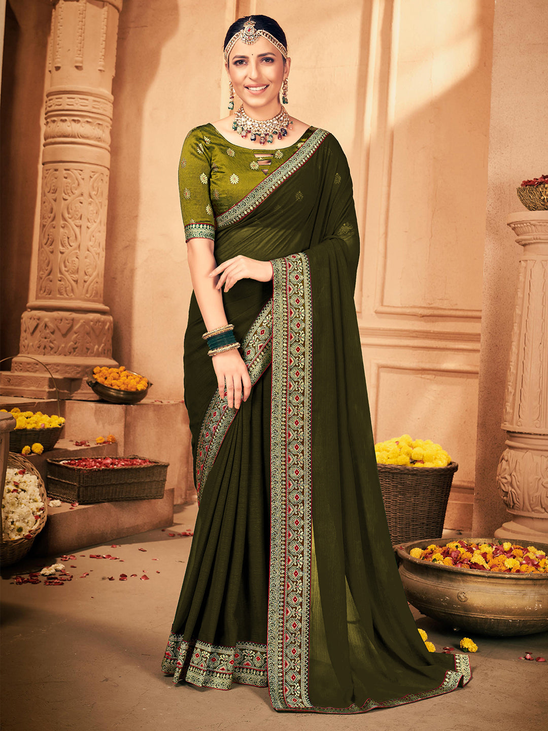 Georgette Olive Embellished Designer Saree With Blouse
