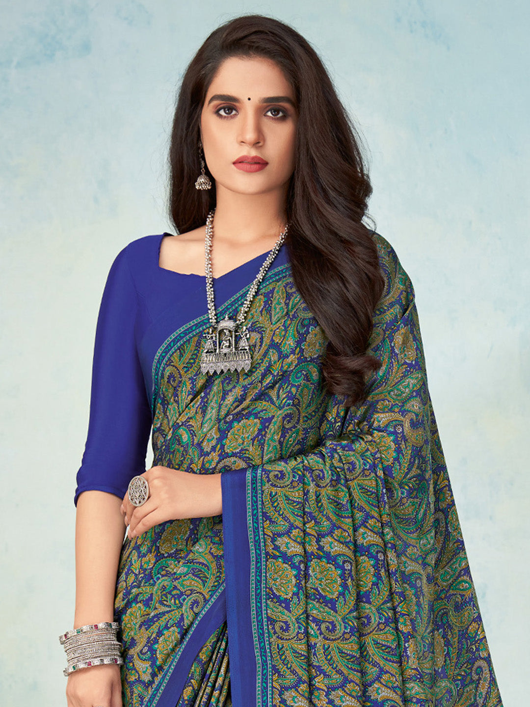 Crepe Blue Printed Designer Saree With Blouse