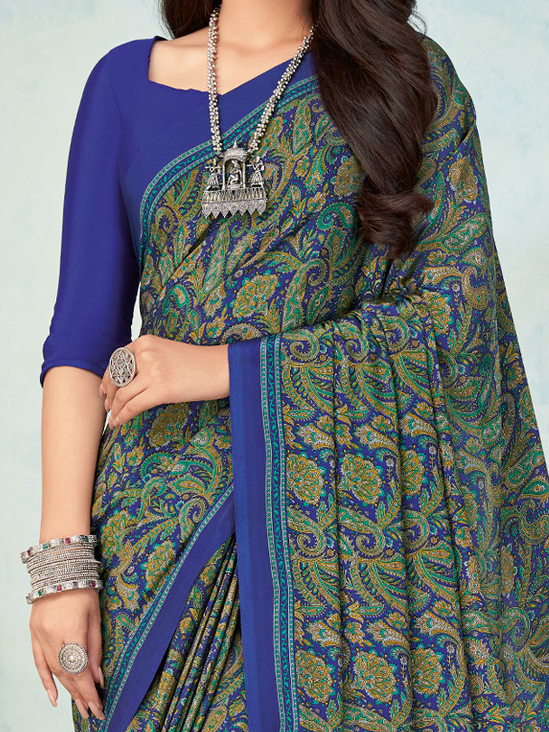 Crepe Blue Printed Designer Saree With Blouse