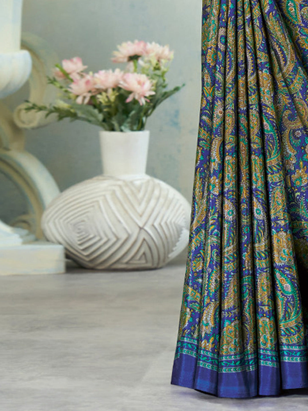 Crepe Blue Printed Designer Saree With Blouse