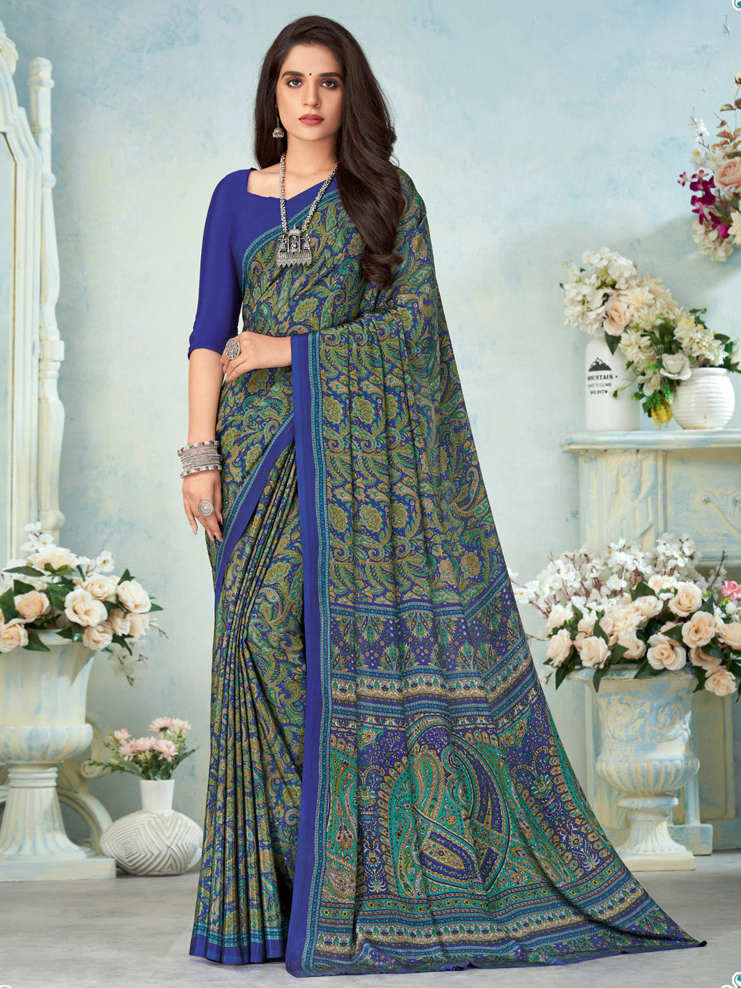 Crepe Blue Printed Designer Saree With Blouse