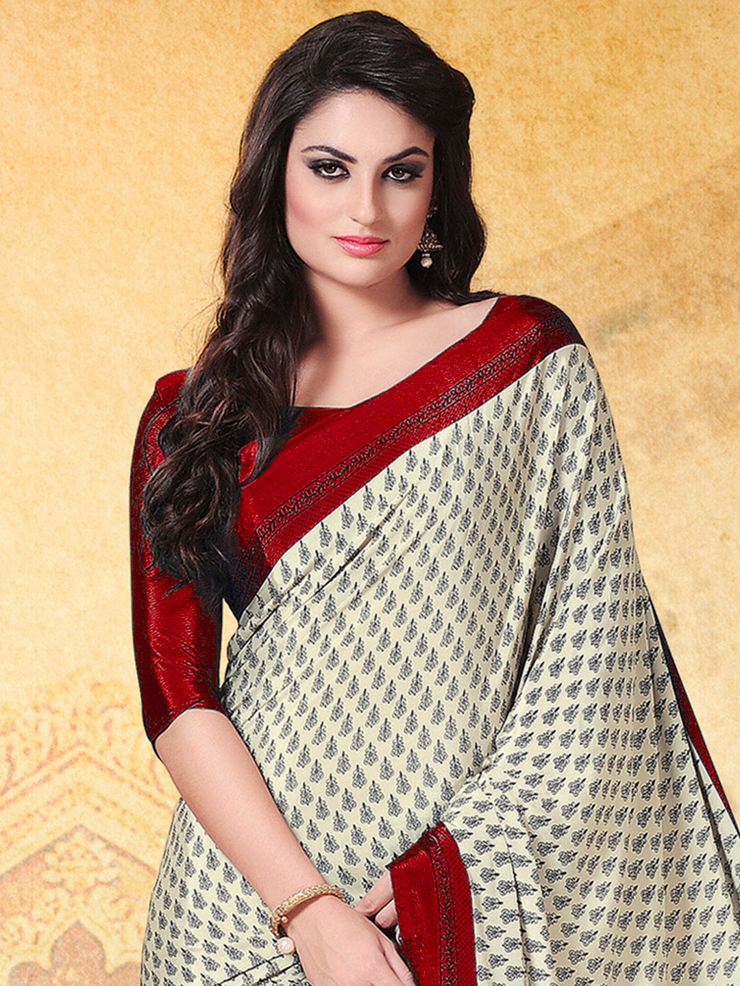Crepe Cream Printed Designer Saree With Blouse