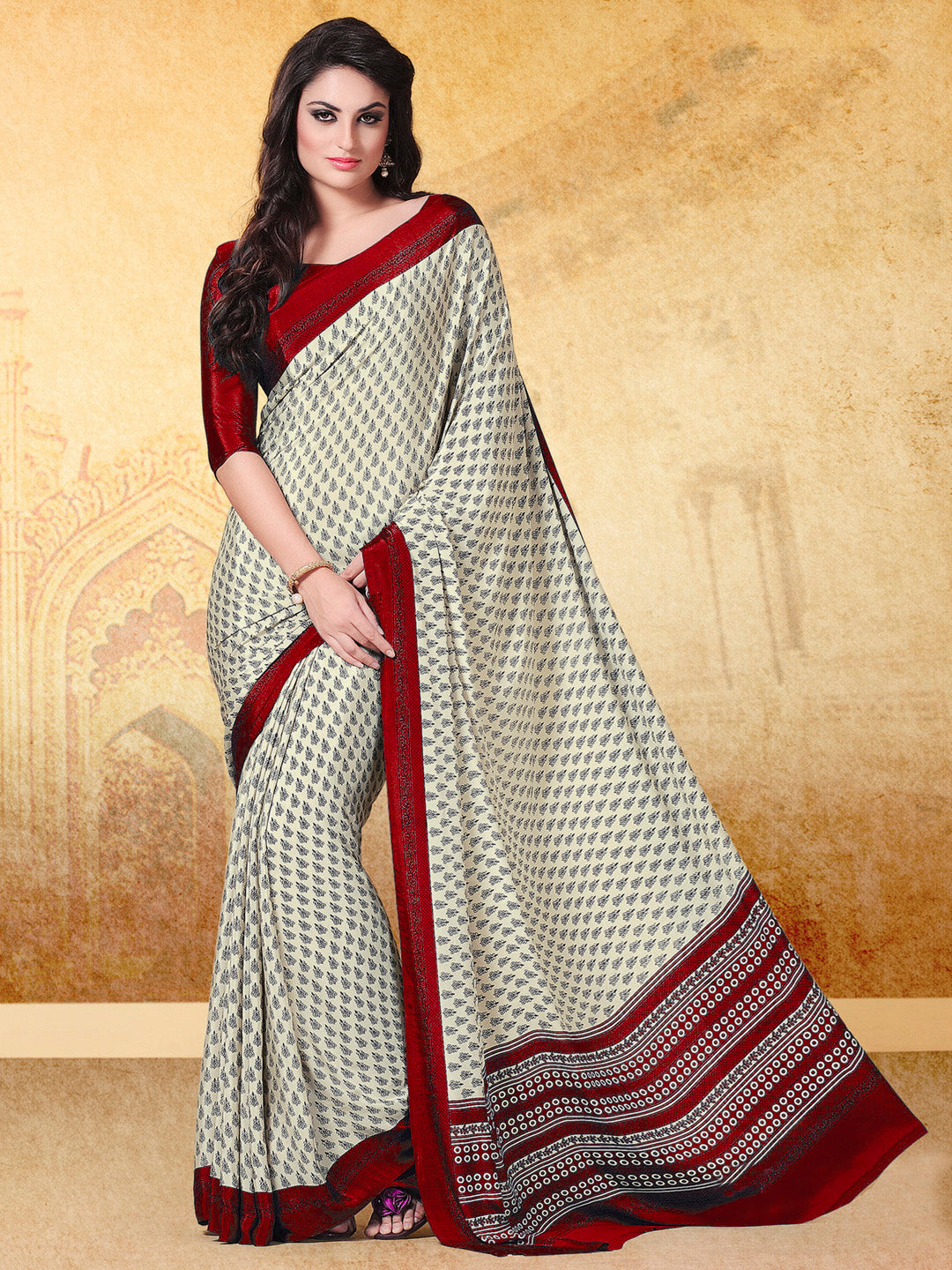 Crepe Cream Printed Designer Saree With Blouse